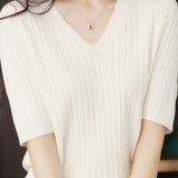 Solid Color V-neck Knitted T-shirt