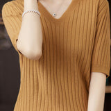 Solid Color V-neck Knitted T-shirt