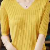 Solid Color V-neck Knitted T-shirt