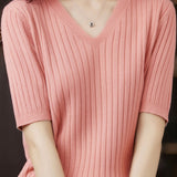 Solid Color V-neck Knitted T-shirt