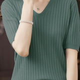 Solid Color V-neck Knitted T-shirt