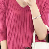 Solid Color V-neck Knitted T-shirt