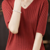 Solid Color V-neck Knitted T-shirt