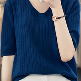 Solid Color V-neck Knitted T-shirt