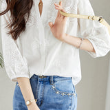 Embroidered and Hollowed Solid-color Shirt