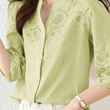 Embroidered and Hollowed Solid-color Shirt