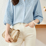 Embroidered and Hollowed Solid-color Shirt