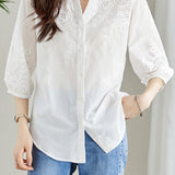 Embroidered and Hollowed Solid-color Shirt