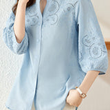 Embroidered and Hollowed Solid-color Shirt