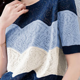 Color Blocked Hollowed Knitted Short Sleeve Shirt