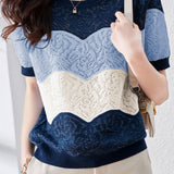 Color Blocked Hollowed Knitted Short Sleeve Shirt