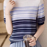 Color Blocked Checked Knitted T-shirt