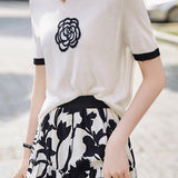 Round Neck Color Blocked Floral Knitted T-shirt