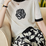 Round Neck Color Blocked Floral Knitted T-shirt