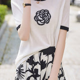 Round Neck Color Blocked Floral Knitted T-shirt