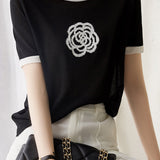 Round Neck Color Blocked Floral Knitted T-shirt