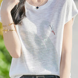 Stylish Swan Rhinestone - Embellished T - shirt