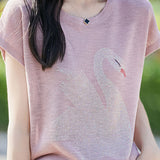 Stylish Swan Rhinestone - Embellished T - shirt