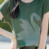 Stylish Swan Rhinestone - Embellished T - shirt