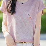 Stylish Swan Rhinestone - Embellished T - shirt