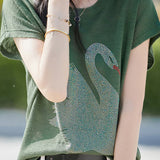 Stylish Swan Rhinestone - Embellished T - shirt