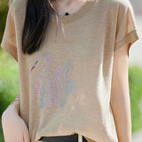 Stylish Swan Rhinestone - Embellished T - shirt