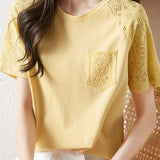 Round Neck Loose Fit Color Block Lace Raglan Short Sleeve