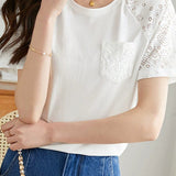 Round Neck Loose Fit Color Block Lace Raglan Short Sleeve