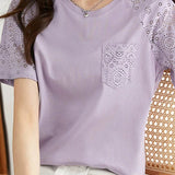 Round Neck Loose Fit Color Block Lace Raglan Short Sleeve