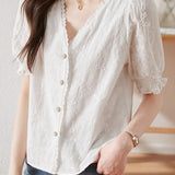 Chic Puff Sleeve Embroidered Shirt