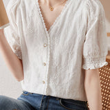 Chic Puff Sleeve Embroidered Shirt