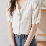 Chic Puff Sleeve Embroidered Shirt