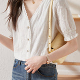 Chic Puff Sleeve Embroidered Shirt