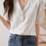 Chic Puff Sleeve Embroidered Shirt