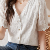 Chic Puff Sleeve Embroidered Shirt