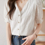 Chic Puff Sleeve Embroidered Shirt