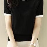 Minimalist Chic Color-Blocked Round Neck Short Sleeve