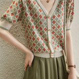 Retro Jacquard V-Neck Short Knit Cardigan