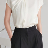 French-Style Twisted Pleat Commuting Shirt With Stand Collar