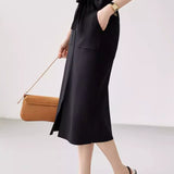 Two-Piece Set: Simple V-Neck Tied Knit Top + Side Slit Long Knit Skirt