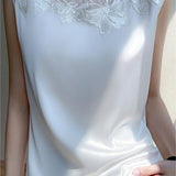 Round Neck Embroidered Lace Contrast Satin Vest - 3 Colors Available