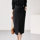 Two-Piece Set: Simple V-Neck Tied Knit Top + Side Slit Long Knit Skirt