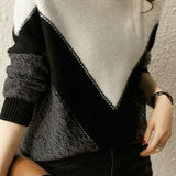 High-neck contrast-color knitted sweater