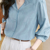 Skipper Collar Covered Button Embroidered Blouse