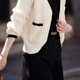 V-neck color-blocked Chanel-style long-sleeved knitted sweater