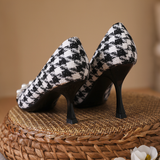 Elegant Houndstooth Pearl High Heels