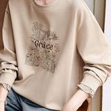 Elegant Floral Letter Embroidery Round Neck Sweatshirt