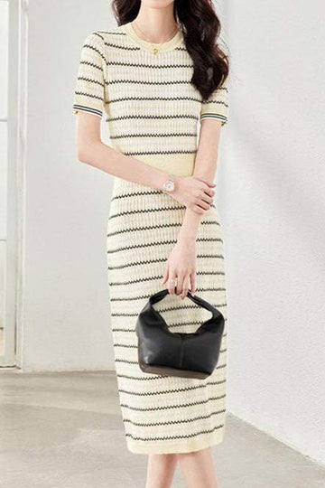 Round neck wave border openwork knit dress, 2 colors included