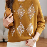 Round Neck Diamond Pattern Sequin Knit Sweater