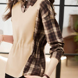 Checked spliced waist-cinching long-sleeved shirt